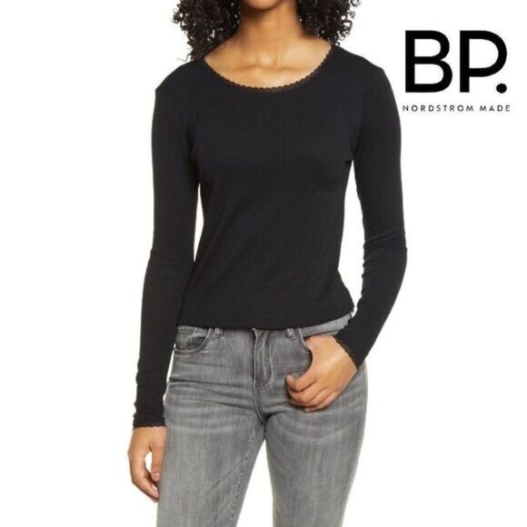BP. Black Long Sleeve Tee Lace trim Neckline and Cuffs Women's‎ Top NWT - Picture 1 of 8